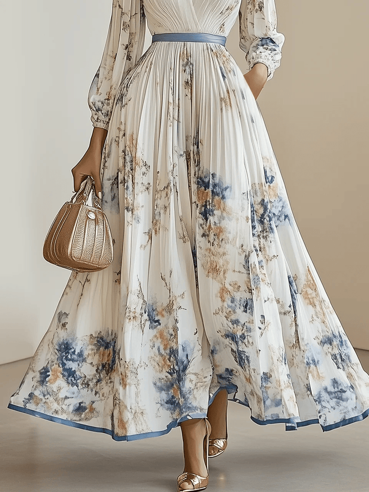 New Spring White Floral Chiffon Maxi Dress with V-Neck and Long Balloon Sleeves