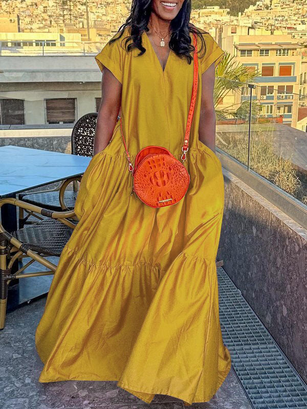 V-Neck Maxi Dress with Pleated Pockets and Loose Short Sleeves in Solid Colors