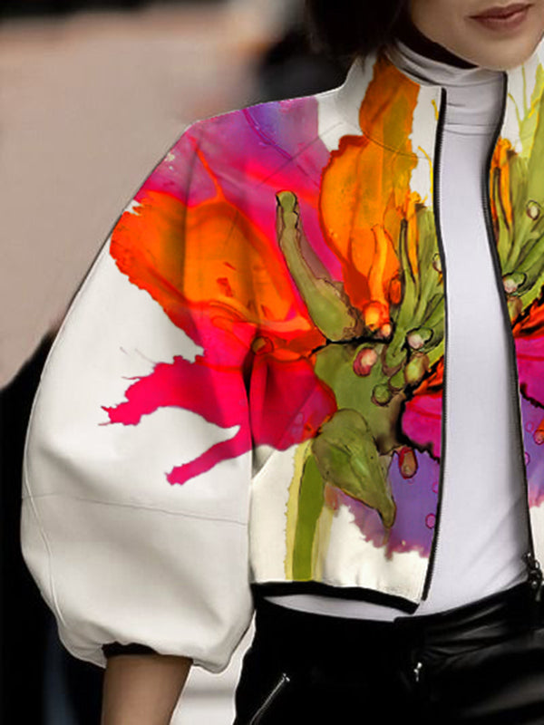 Asymmetric Floral Print High Neck Outerwear with Loose Puff Sleeves