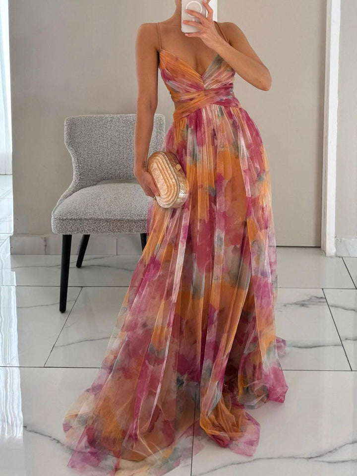 Chic V-Neck A-Line Maxi Dress with Elegant Floral Print