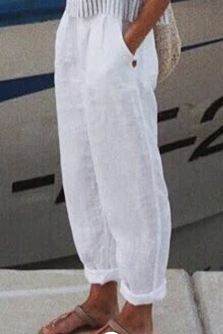 Solid Color Casual Cotton-Linen Blend Pants