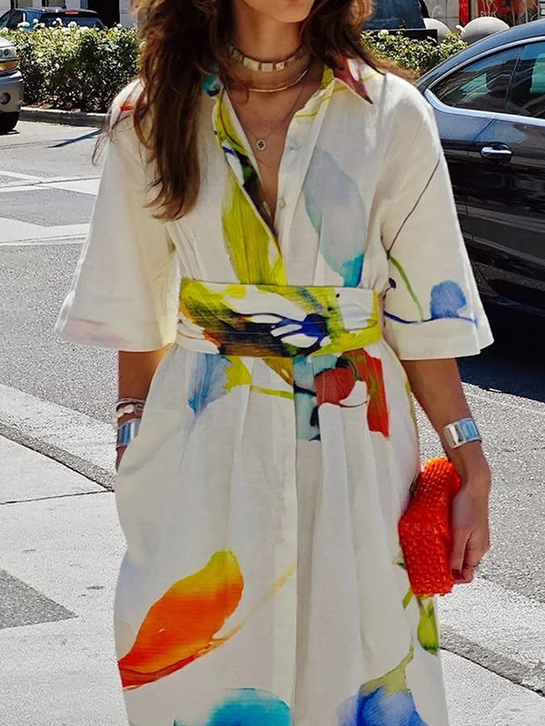 Maxi Shirt Dress with Half Sleeves, Asymmetric Hem, Printed Design, and Tied Waist
