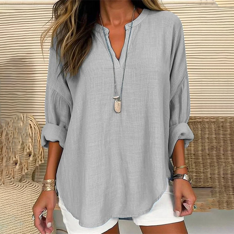 Casual Loose-Fit Long Sleeve V-Neck Blouse in Solid Colors