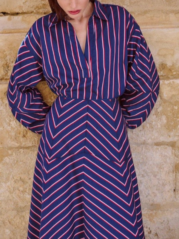 Loose Fit Striped Lapel Blouses and Long Sleeve Tops