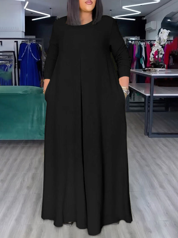 Relaxed Fit Wide Leg Jumpsuit with Pockets and Round Neck