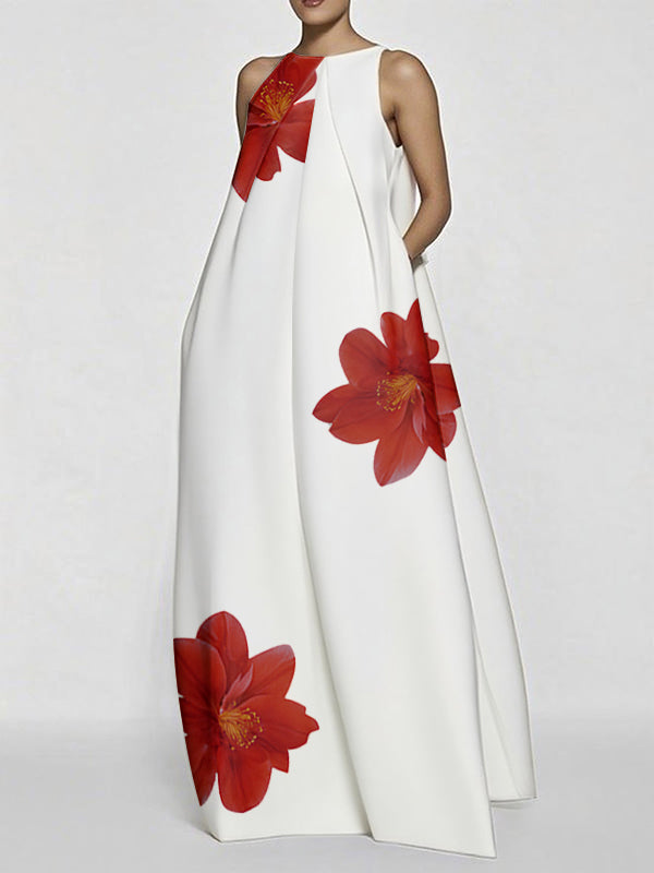 Floral Print A-Line Sleeveless Maxi Dress with Asymmetric Split Joint and Round Neck