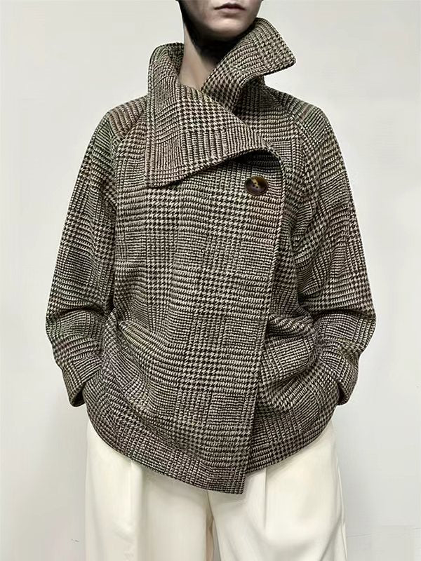 Asymmetric Houndstooth Plaid Jacket with Long Sleeves and Stand Collar