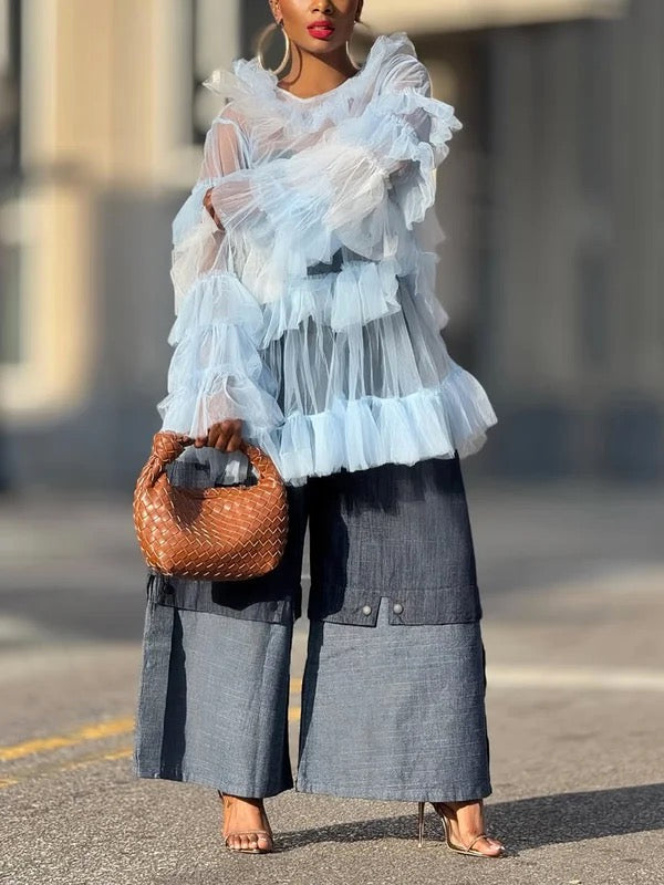 Loose-Fit Wide Leg Stretch Denim Trousers