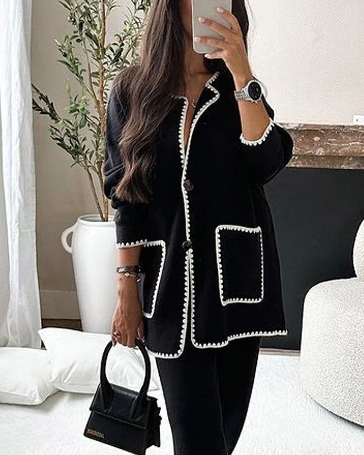 Two-Piece Set: Casual Pants with Edge-Decorated Jacket