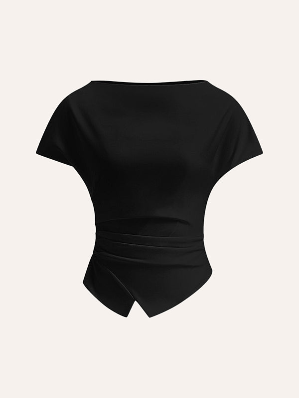 Relaxed Fit Asymmetric Pleated Solid Color Raglan Sleeve T-Shirts with Round Neck