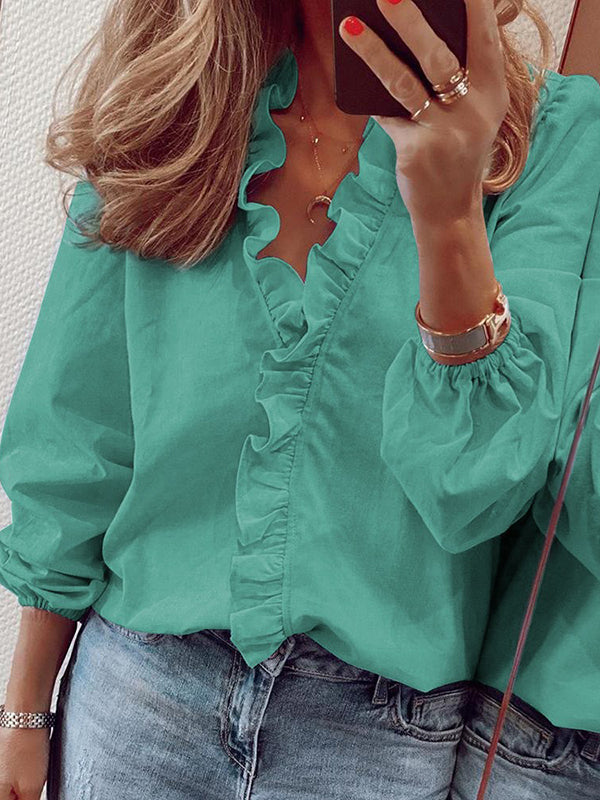 V-Neck Blouses with Puff Sleeves and Ruffled Hem in Solid Colors