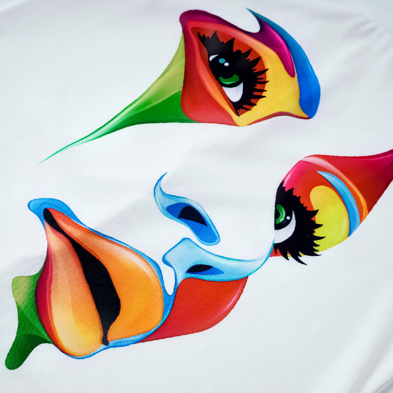 High-Neck Cap Sleeve Loose-Fit Multi-Colored Printed T-Shirt