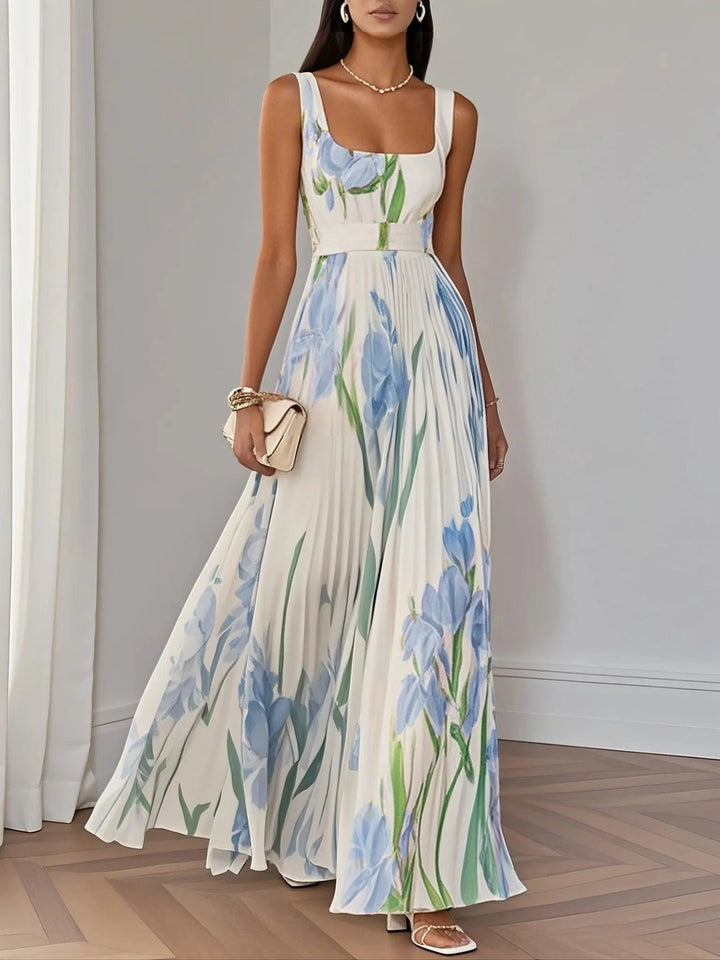 Floral Chiffon A-Line Maxi Dress with White Pleats and Square Neckline