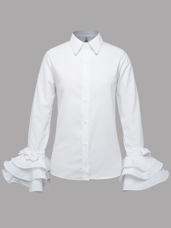 Solid Color Lapel Blouse with Flared Sleeves and Bow Detail