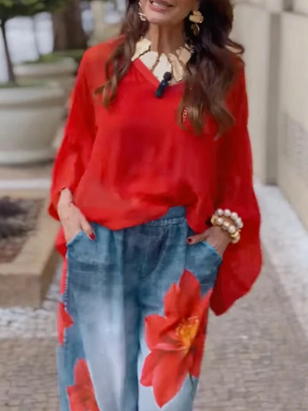 Flowy Wide-Leg Floral Print Jeans