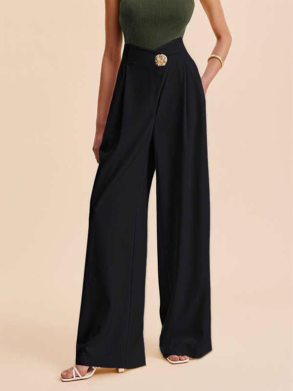 High-Waisted Loose-Fit Buttoned Pleated Solid Pants