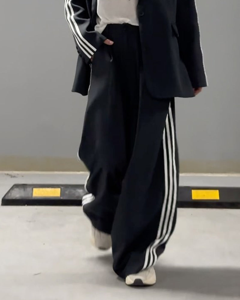 Chic Striped Blazer and Wide-Leg Pants Set