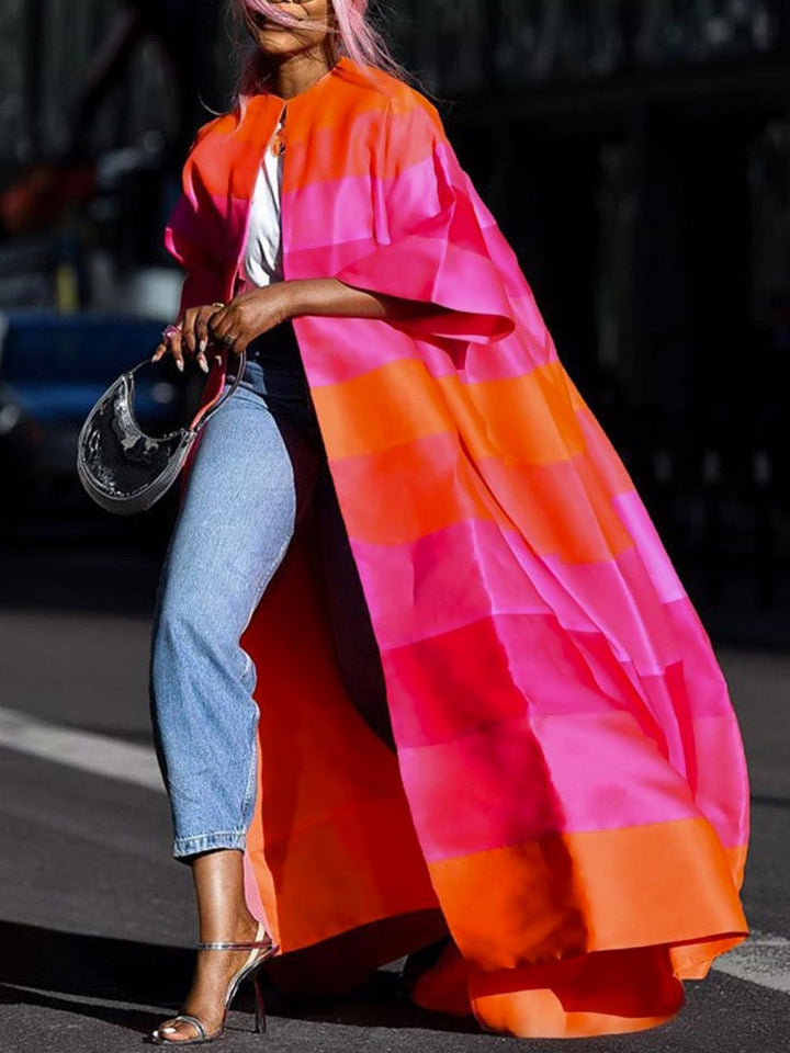 Casual Contrast Color Striped Short Sleeve Jacket & Coat