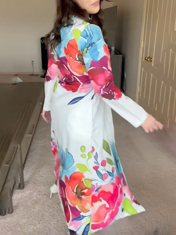 Floral Print Maxi Shirt Dress with Long Sleeves and Button Closure
