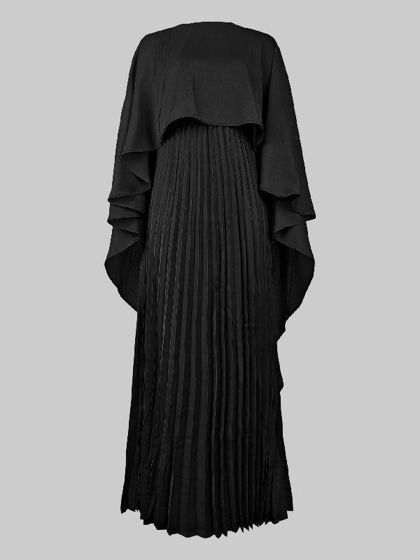 Maxi Evening Dress with Cape, High-Low Pleated Design, Solid Color, and Round Neck