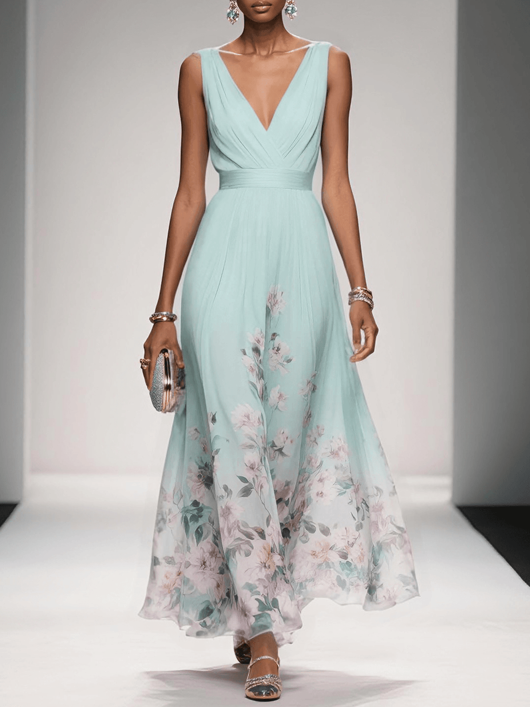 Light Blue Floral Chiffon V-Neck Sleeveless A-Line Maxi Gown