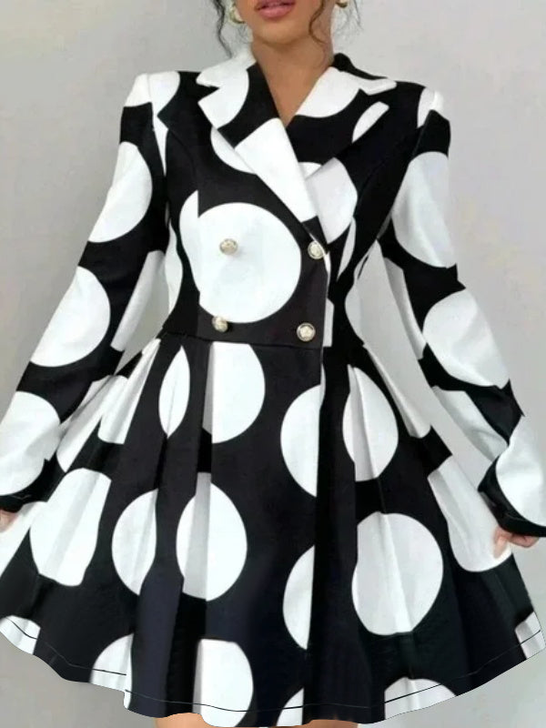 Polka Dot A-Line Mini Dress with High Waist, Button Details, and Contrast Color Pleats