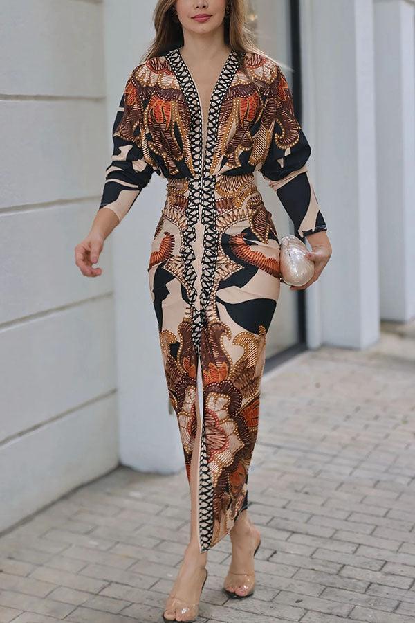 Distinctive Print Long Sleeve Ruched Midi Dress with Slit