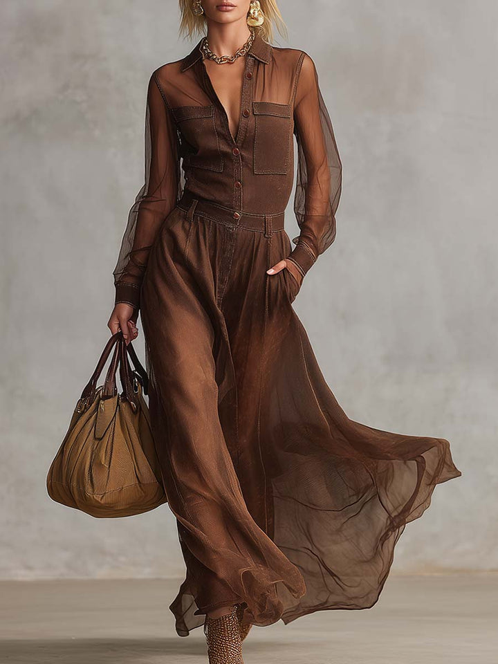 Retro Western-Style Maxi Dress with Front Buttons and Organza Detailing