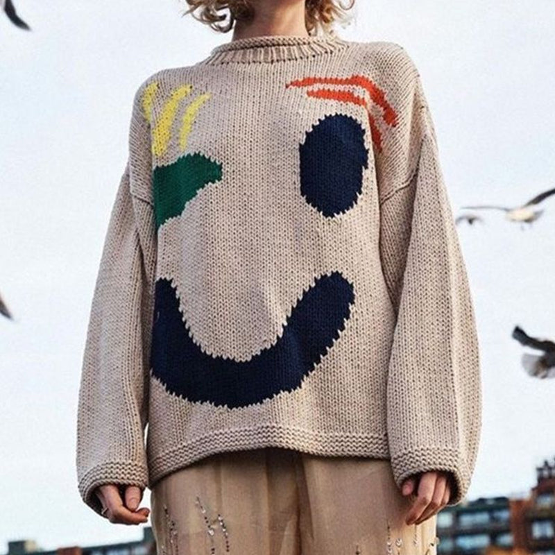 Chic Knit Sweater with Smiley Design