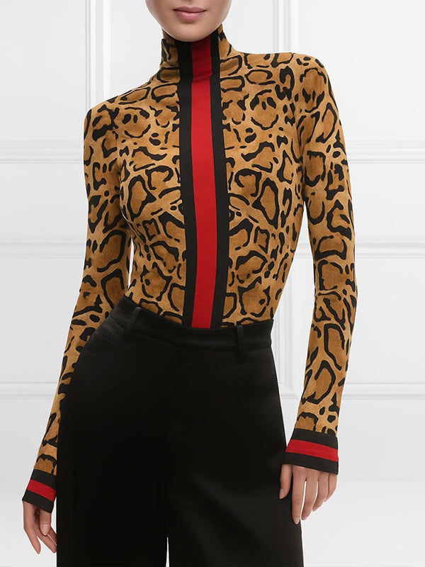 High Neck Leopard Print Long Sleeve Top with Contrast Color