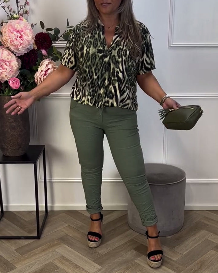 Chic Short Sleeve Leopard Print Blouse