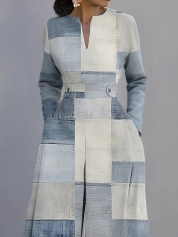 Loose-Fit V-Neck Jumpsuit with Long Sleeves and Print Design