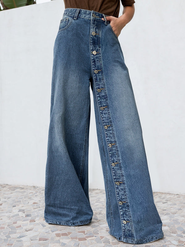 High-Waisted Loose-Fit Jeans with Buttoned Pockets