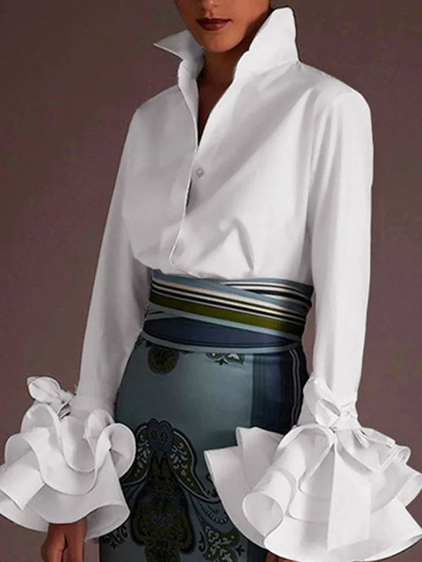 Solid Color Lapel Blouse with Flared Sleeves and Bow Detail
