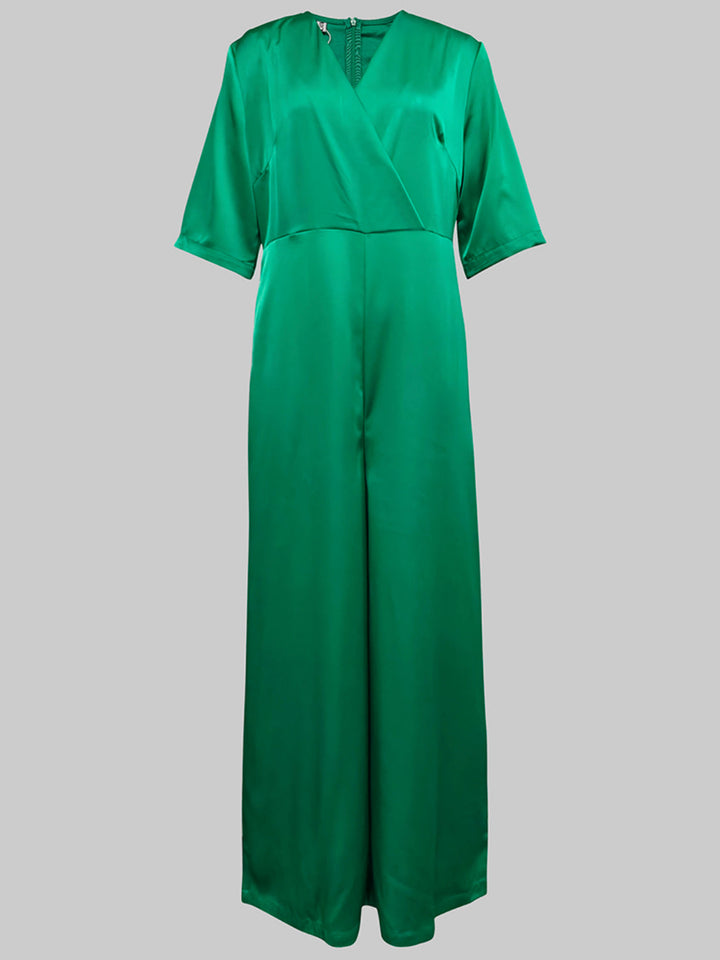 Solid Color V-Neck Jumpsuit with Loose Three-Quarter Sleeves