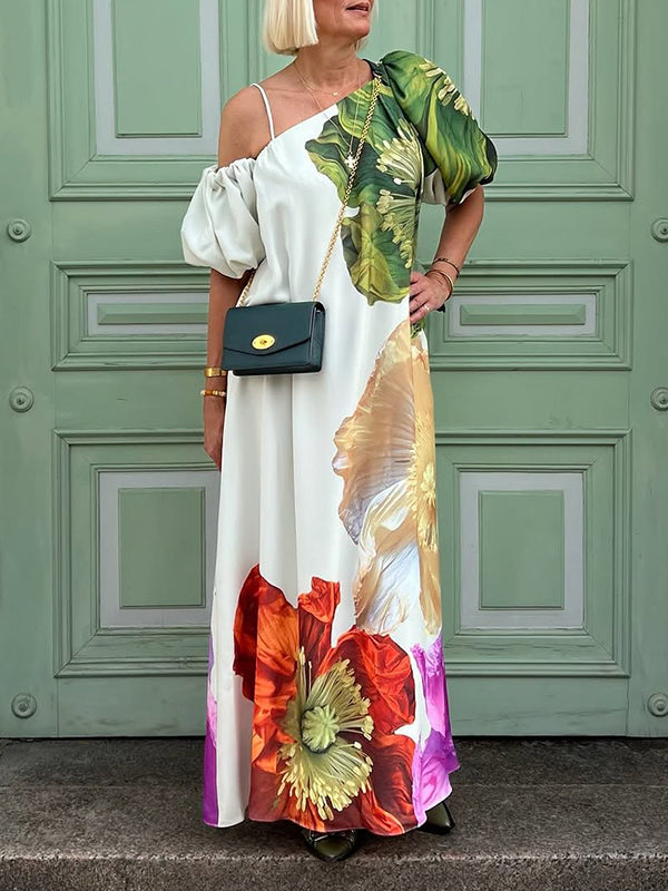 One-Shoulder A-Line Maxi Dress with Loose Fit and Floral Print