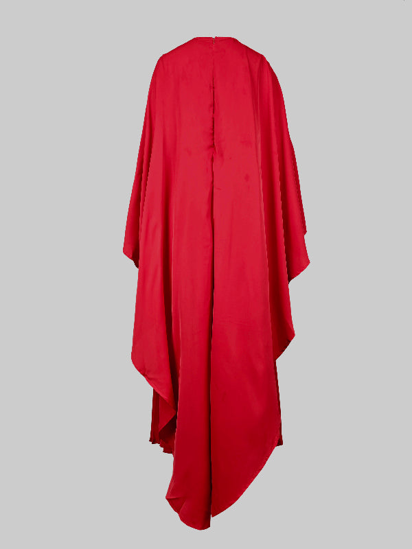 Maxi Evening Dress with Cape, High-Low Pleated Design, Solid Color, and Round Neck