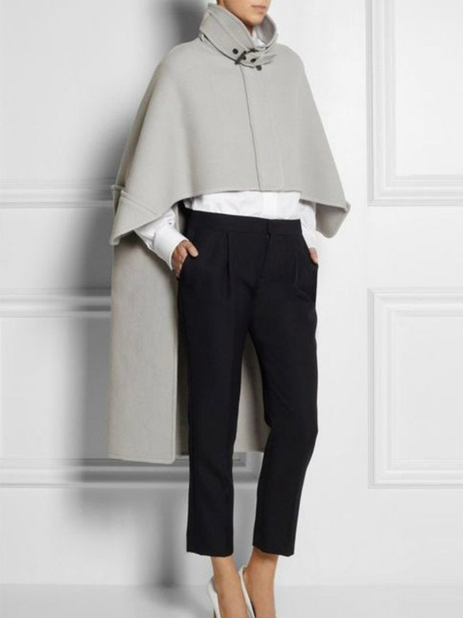 Relaxed Fit High-Low Solid Color Cape Jacket with Stand Collar
