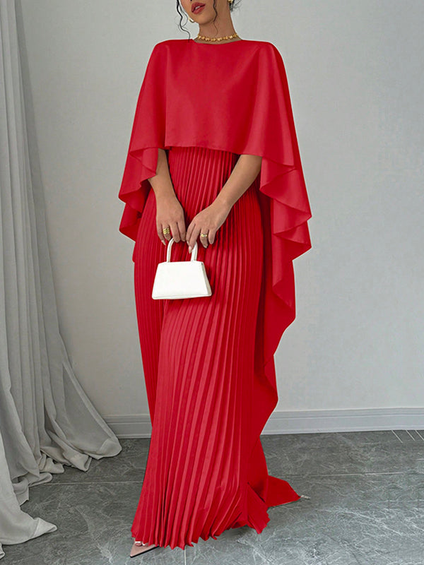 Maxi Evening Dress with Cape, High-Low Pleated Design, Solid Color, and Round Neck