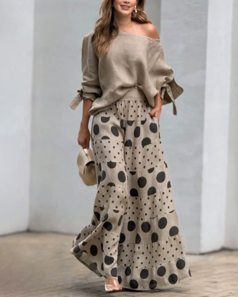 Relaxed Shoulder Top and Patterned Pants Two-Piece Outfit