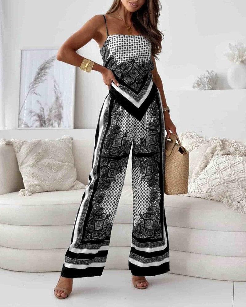 Chic Printed Lace-Up Vest and Pants Two-Piece Ensemble