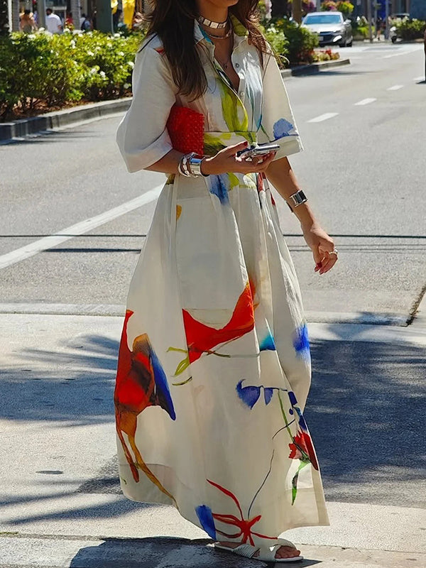 Maxi Shirt Dress with Half Sleeves, Asymmetric Hem, Printed Design, and Tied Waist