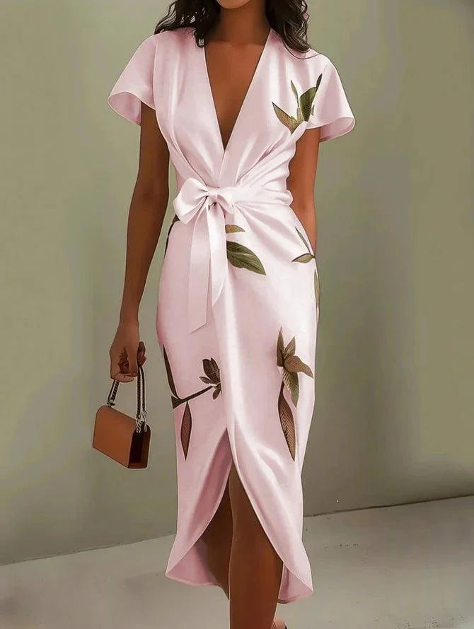 White Leaf Satin Wrap Midi Dress with Short Sleeves