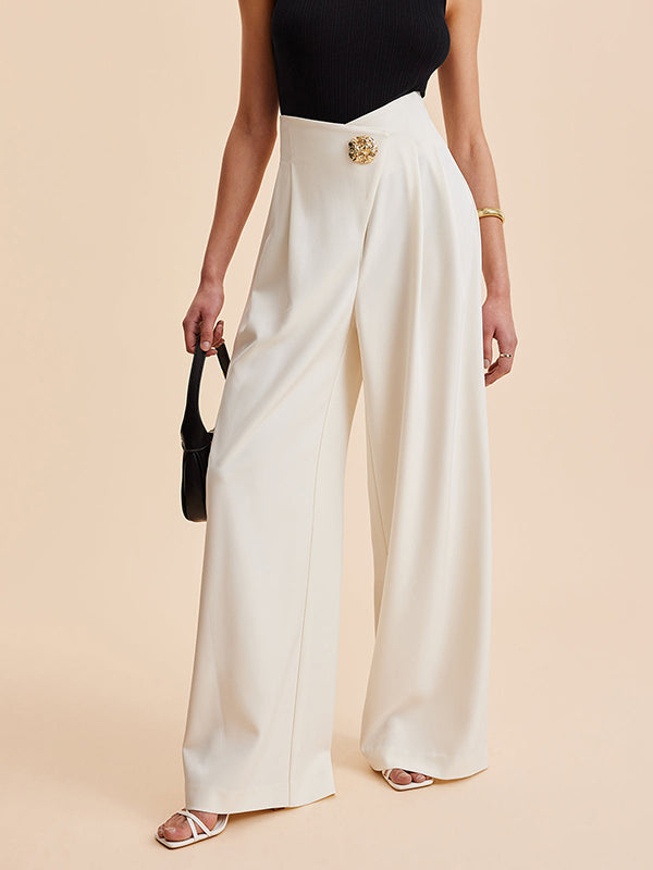 High-Waisted Loose-Fit Buttoned Pleated Solid Pants