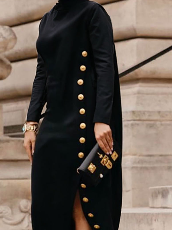 Long Sleeve Loose-Fit Asymmetric Button-Up Mock Neck Maxi Dress with Side Split