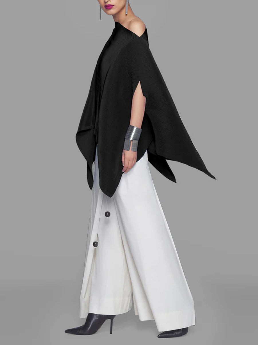 One-Shoulder Blouse with Batwing Sleeves - Loose Fit, Asymmetric Solid Color Top