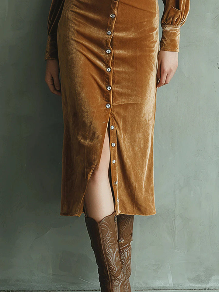 Retro Velvet Button-Up Midi Dress