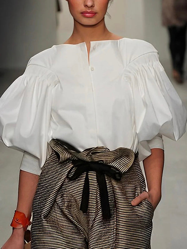 Solid Color Blouses & Shirts with Puff Sleeves and Button Detail