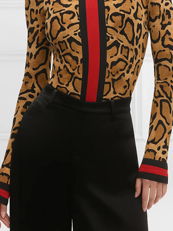 High Neck Leopard Print Long Sleeve Top with Contrast Color