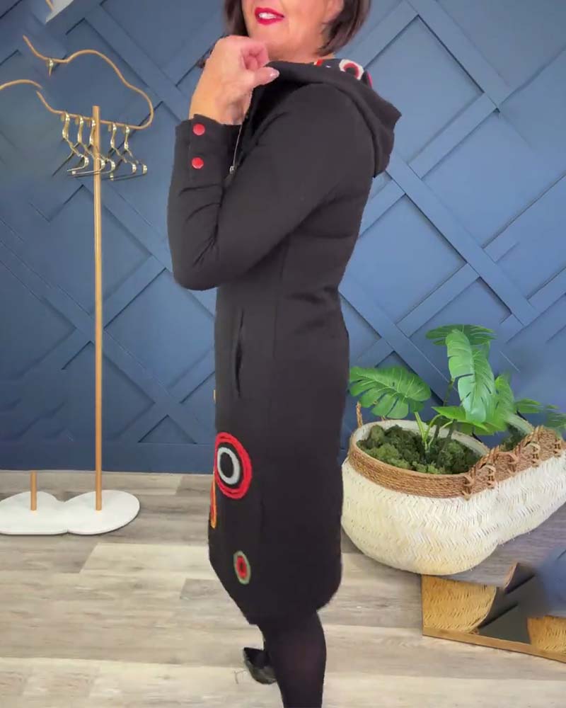 שמלה קז'ואלית עם קפוצ'ון, הדפס עיגול ורוכסן